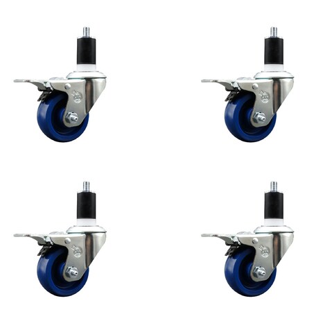 Service Caster 3'' SS Solid Poly Swivel 1-1/2'' Expanding Stem Caster Set Total Lock Brake, 4PK SCC-SSEXTTL20S314-SPUS-112-4